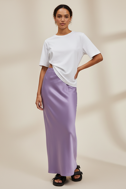 Jupe Satin Lavande Longue Élégante