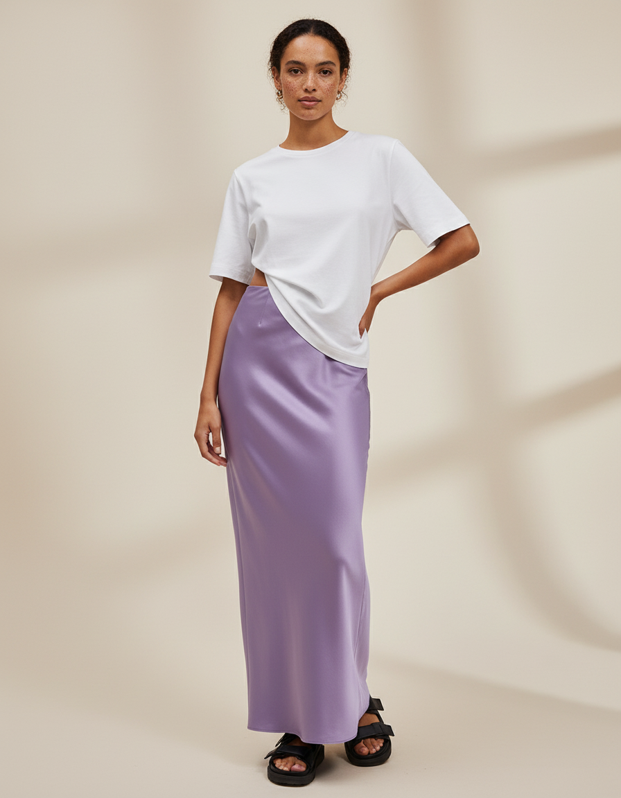 Jupe Satin Lavande Longue Élégante
