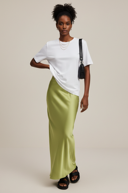 Jupe Satin Vert Pomme Longue Fluide