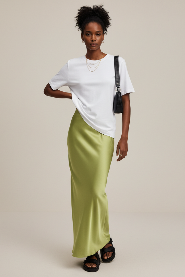 Jupe Satin Vert Pomme Longue Fluide