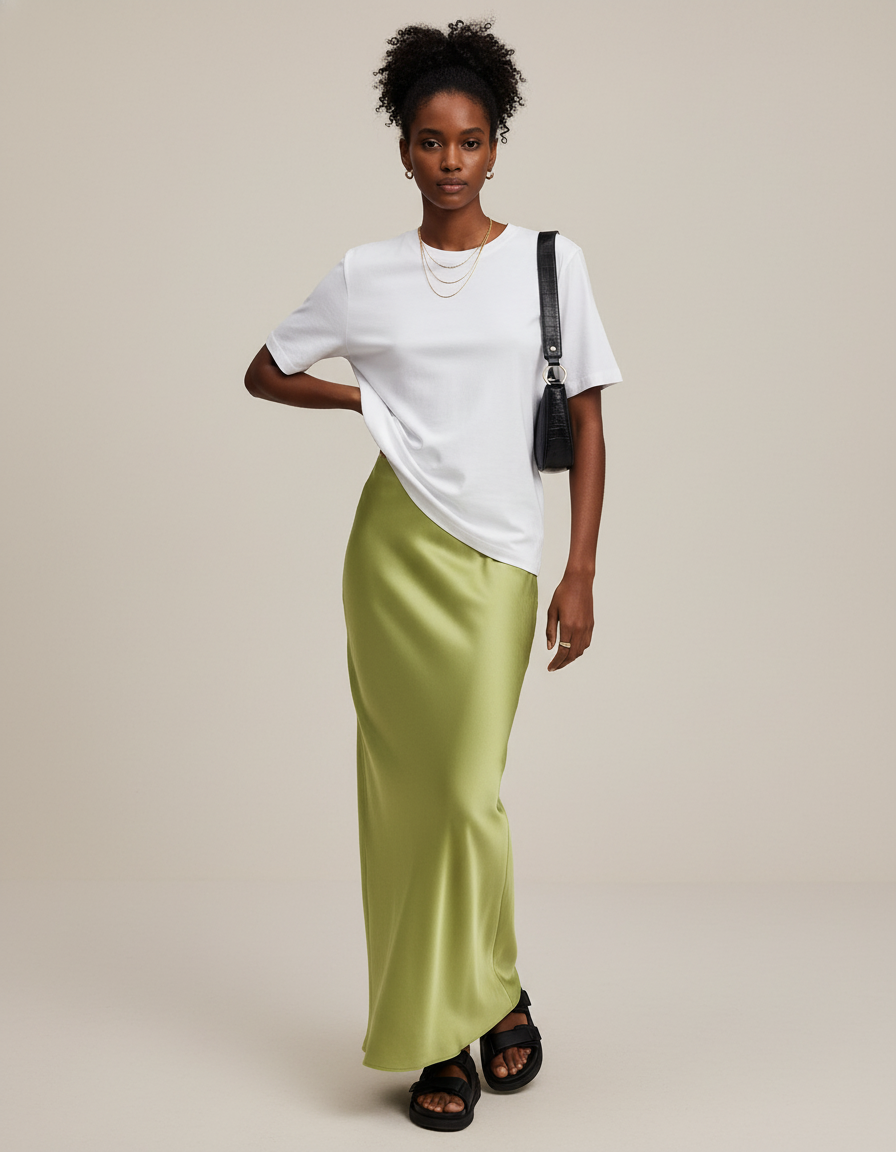 Jupe Satin Vert Pomme Longue Fluide