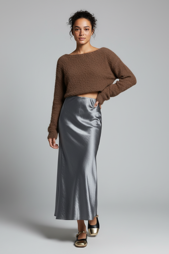 Jupe Satin Fluide Grise Élégante