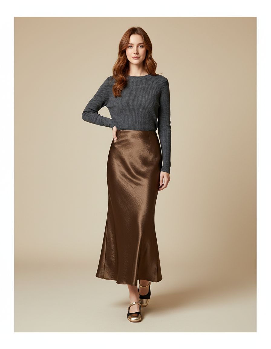 Jupe Satin Sirène Marron Élégante