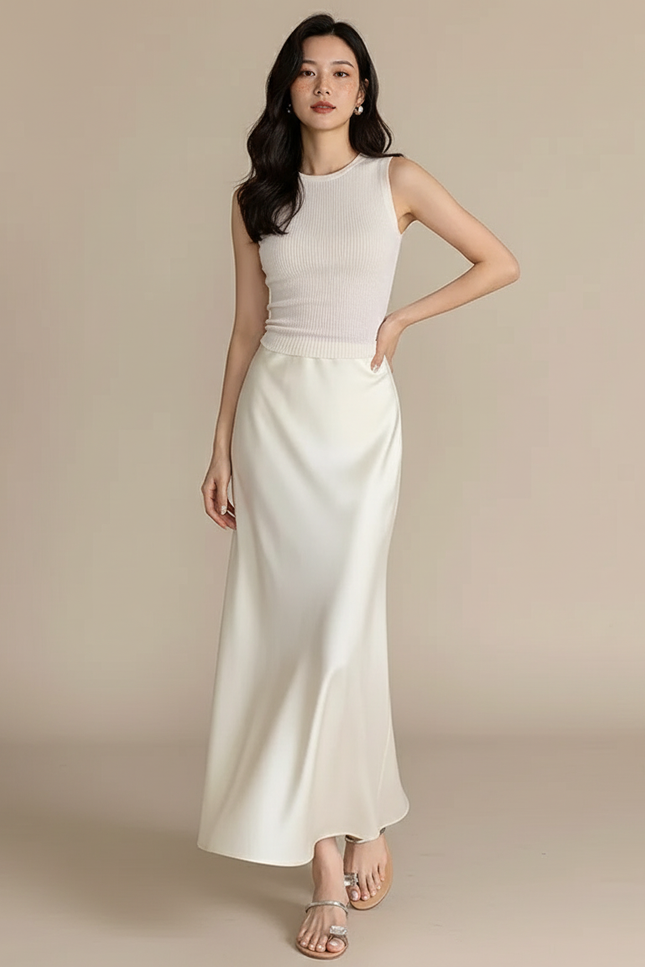 Jupe Satin Crème Fluide Élégante Soyeuse