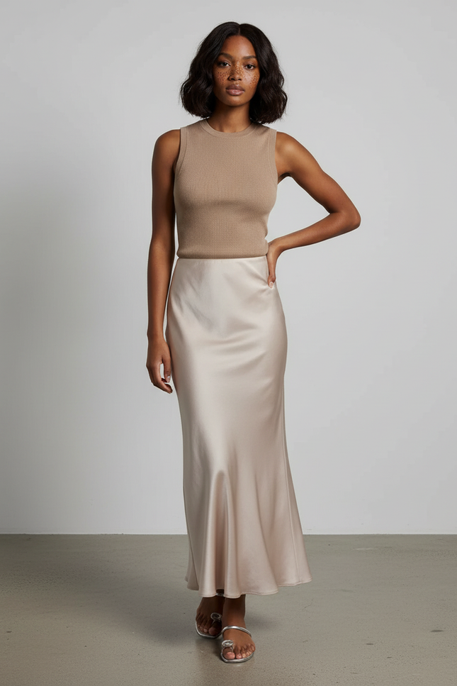 Jupe Satin Champagne Longue Fluide