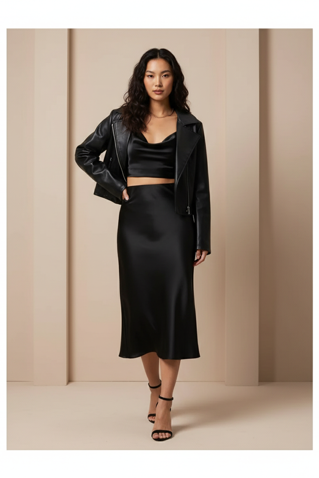Jupe Satin Noire Fluide Élégante Luxueuse