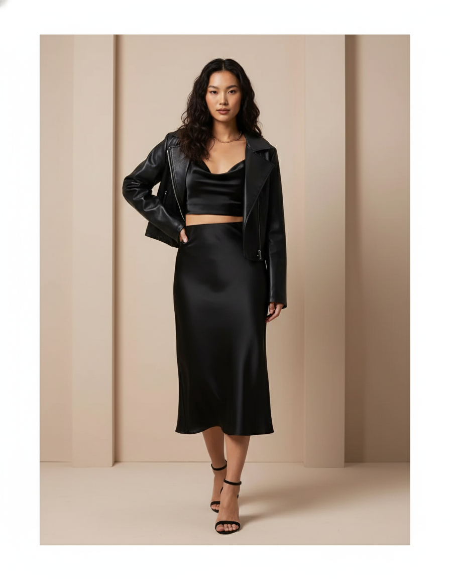 Jupe Satin Noire Fluide Élégante Luxueuse