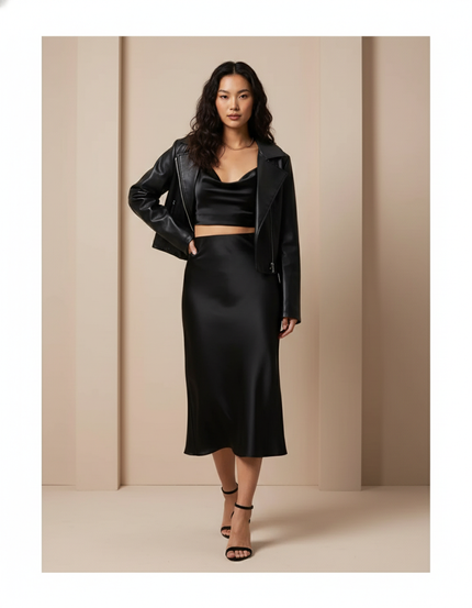 Jupe Satin Noire Fluide Élégante Luxueuse