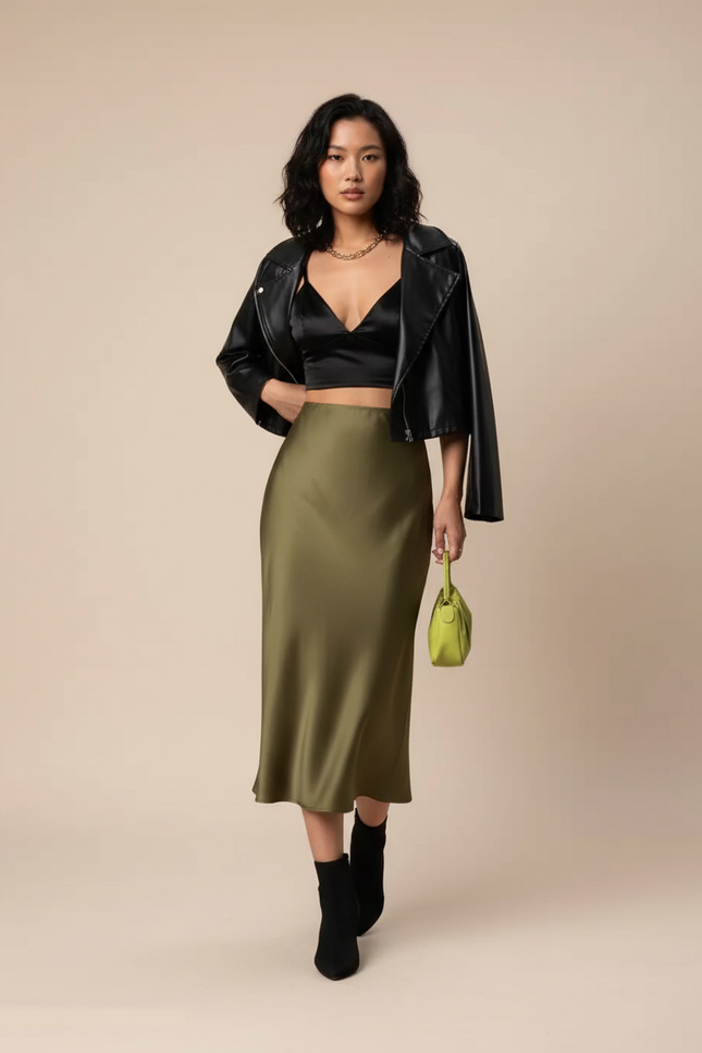 Jupe Satin Kaki Fluide Élégante Naturelle