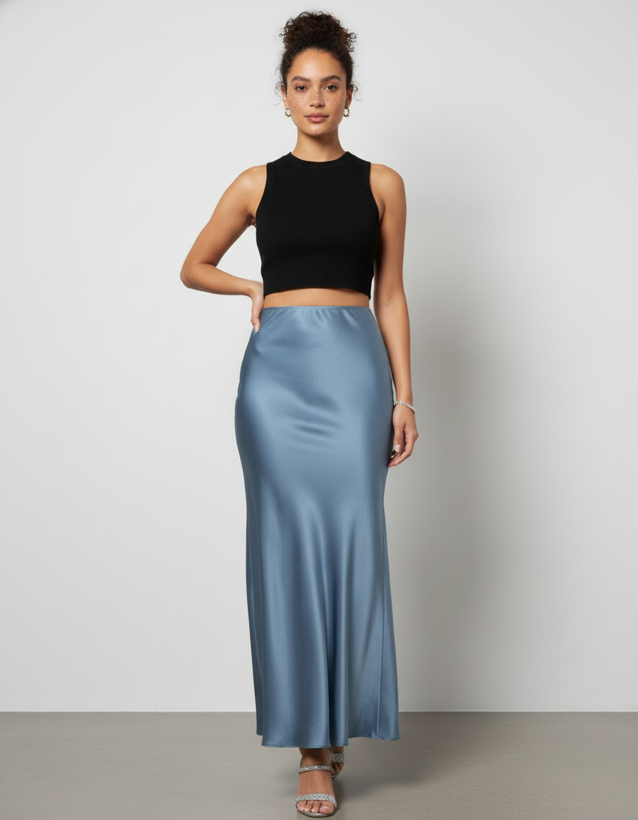 Jupe Satin Bleu Fluide Chic