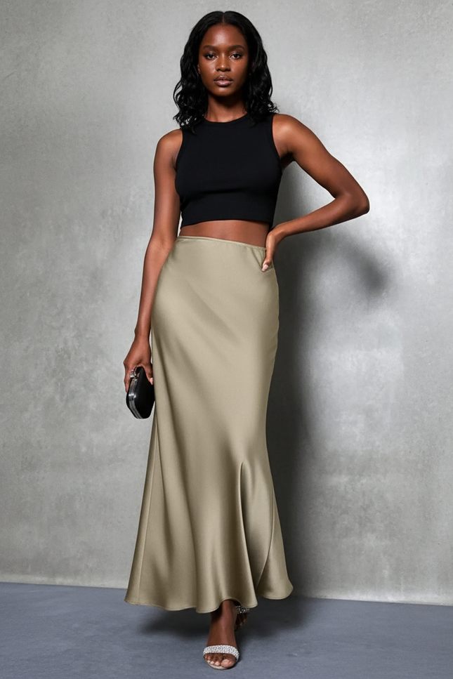 Jupe Satin Kaki Coupe Sirène Fluide