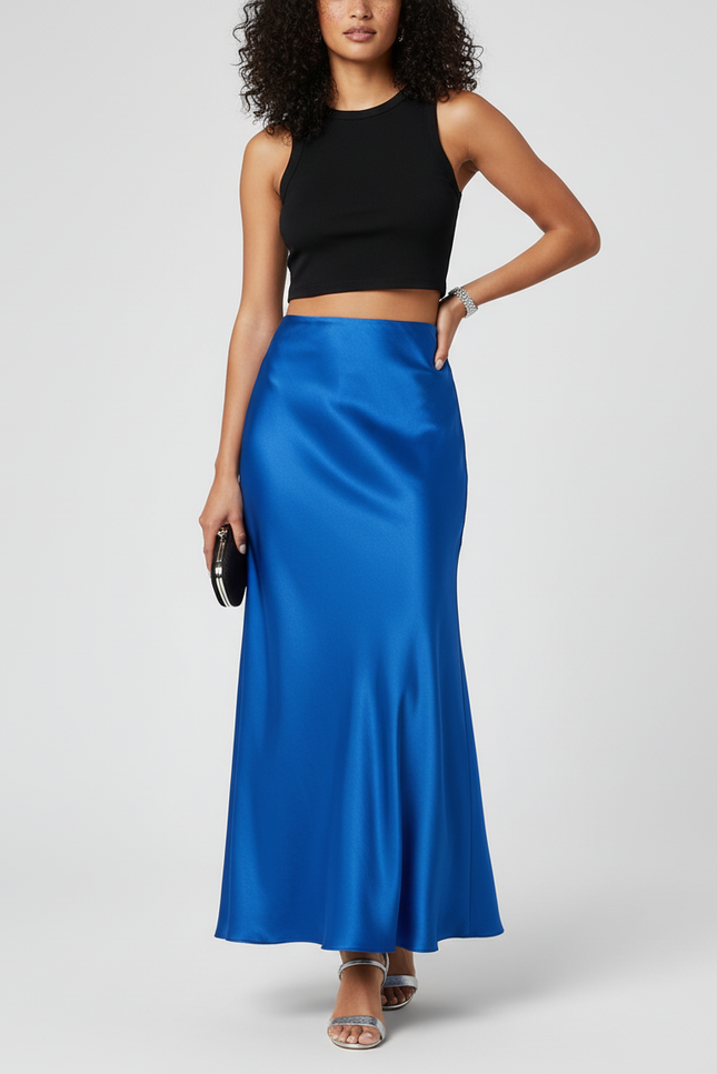 Jupe Satin Bleue Coupe Sirène Chic
