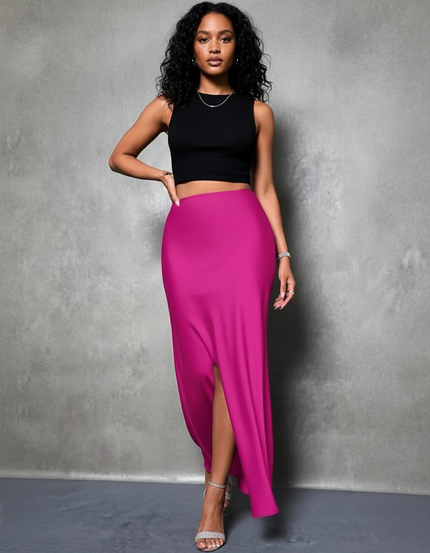 Jupe Satin Fuchsia Fendue Chic