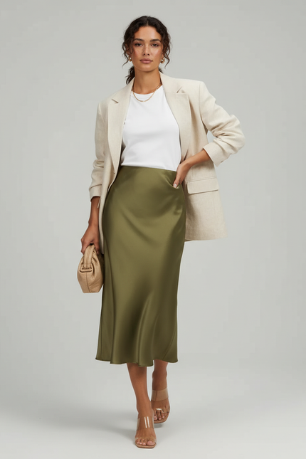 Jupe Satin Kaki Midi Élégante