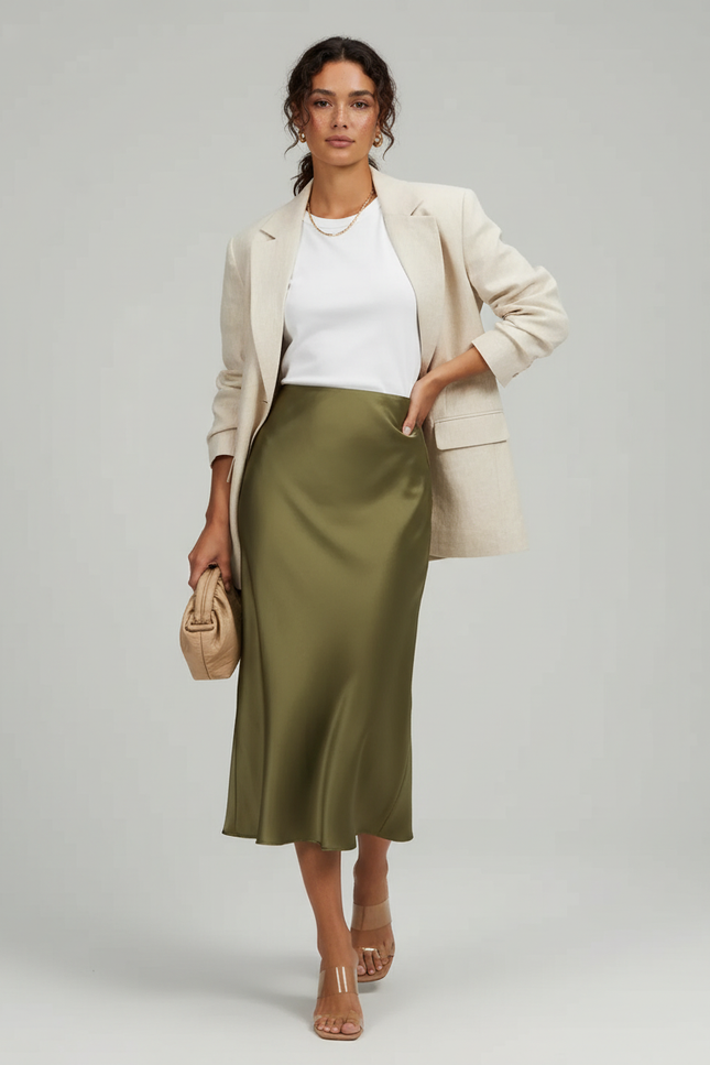 Jupe Satin Kaki Midi Élégante