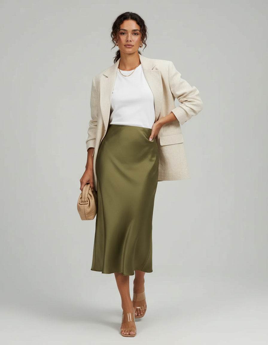 Jupe Satin Kaki Midi Élégante