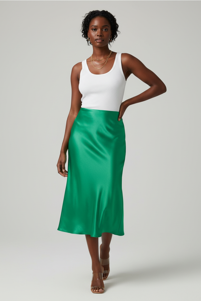 Jupe Satin Verte Midi Élégante