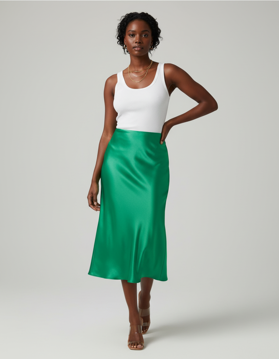 Jupe Satin Verte Midi Élégante