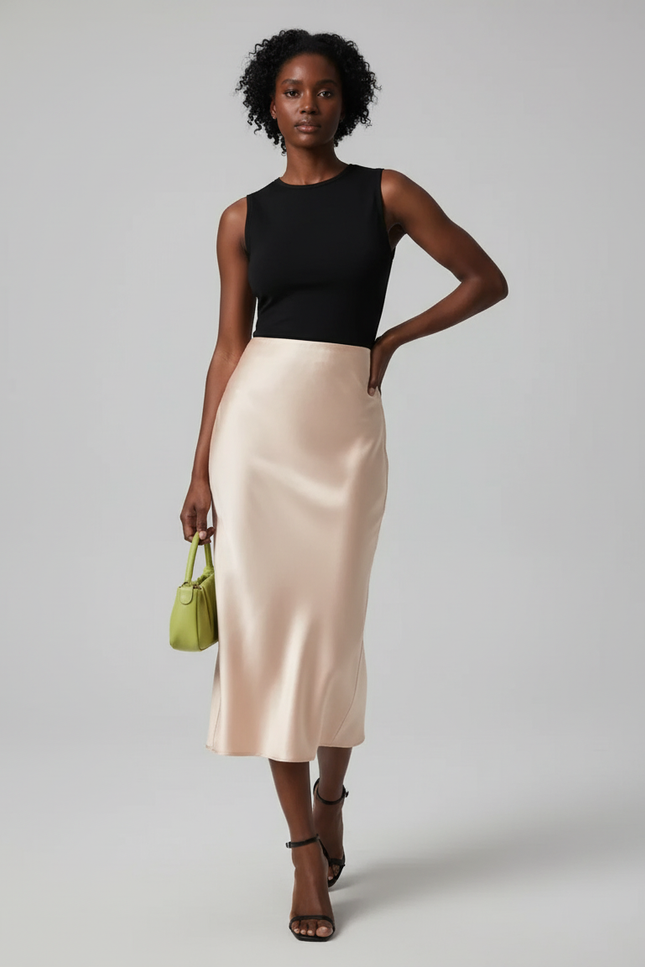 Jupe Satin Beige Midi Élégante Classique