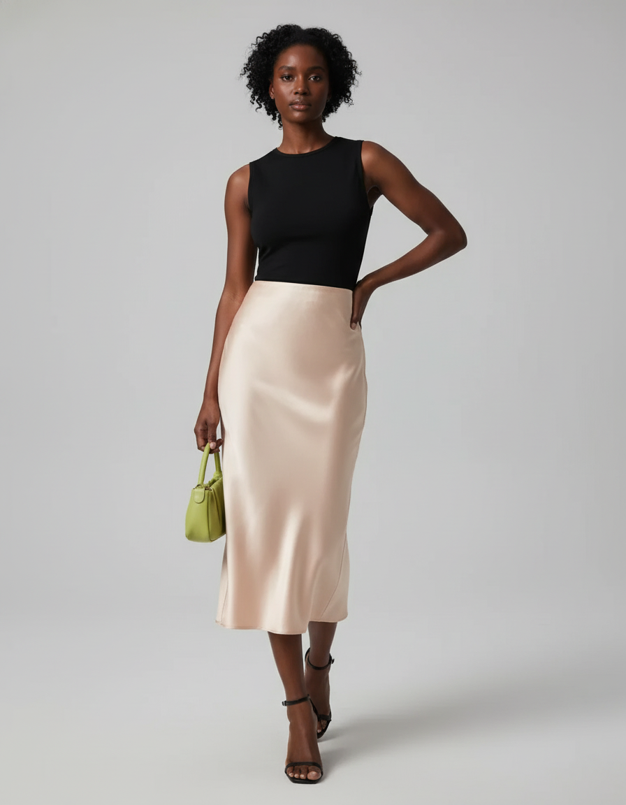 Jupe Satin Beige Midi Élégante Classique