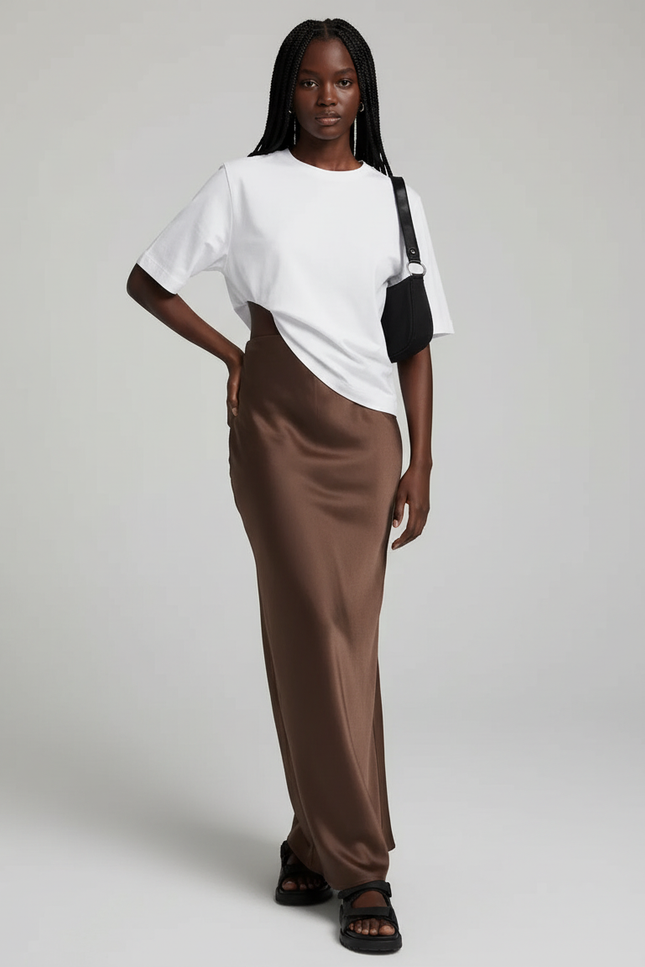 Jupe Satin Marron Longue Élégante Fluide