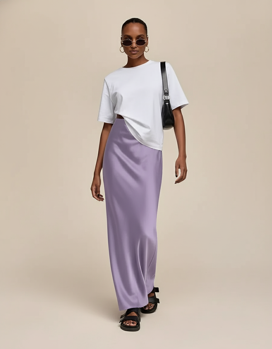 Jupe Satin Lilas Fluide Élégante Poétique