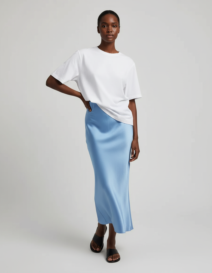 Jupe Satin Fluide Bleue Élégante