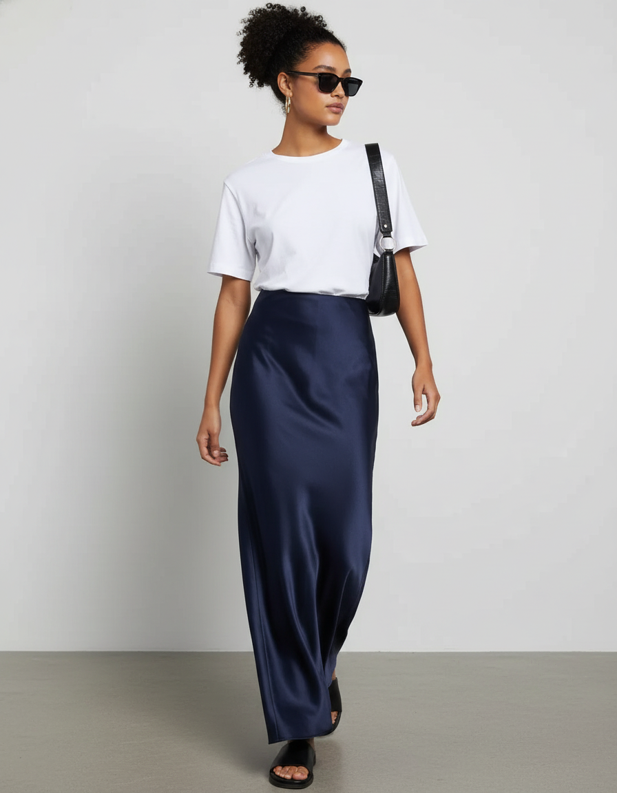 Jupe Satin Fluide Bleu Marine Élégante
