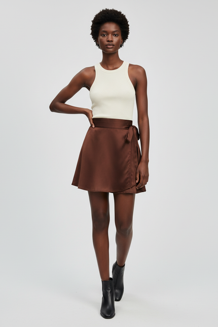 Jupe Satin Marron Portefeuille Élégante
