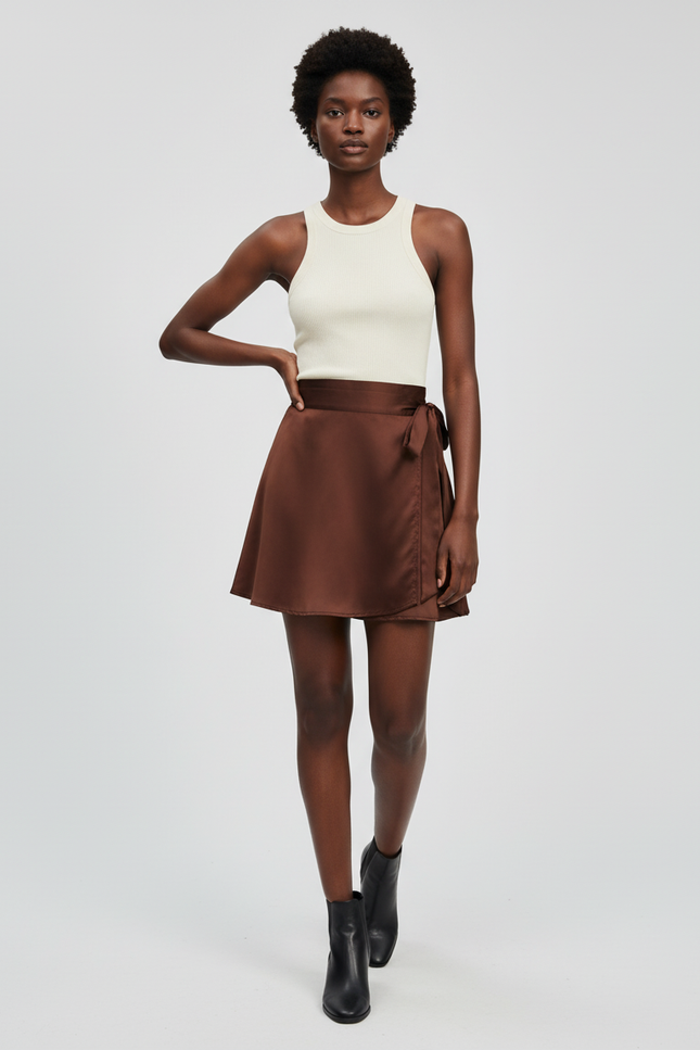 Jupe Satin Marron Portefeuille Élégante