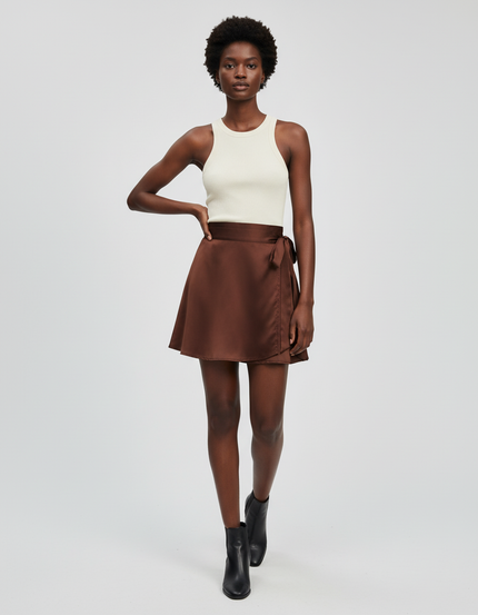 Jupe Satin Marron Portefeuille Élégante