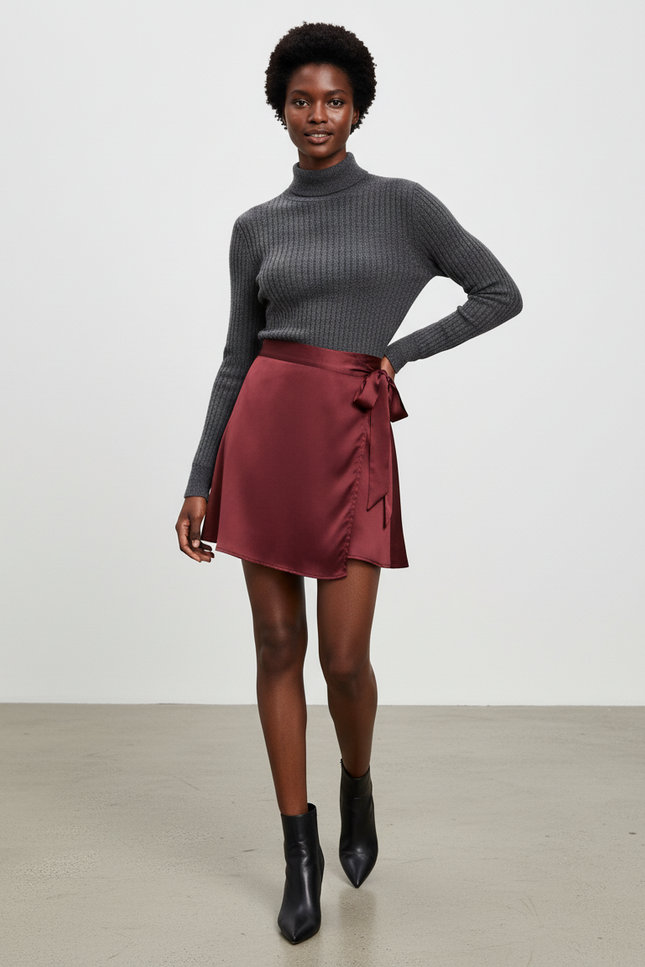 Jupe Satin Bordeaux Portefeuille Élégante