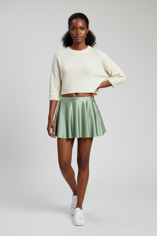 Jupe Satin Vert Menthe Brillante Évasée Élégante