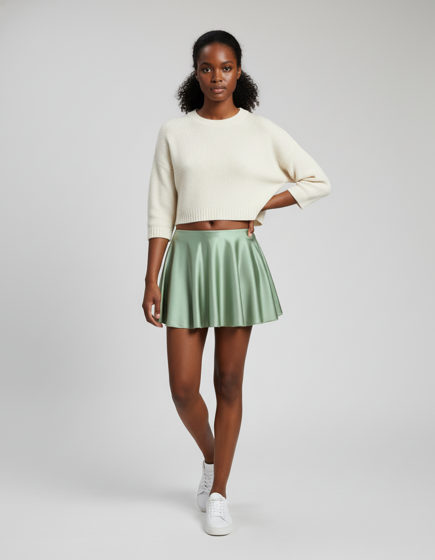 Jupe Satin Vert Menthe Brillante Évasée Élégante