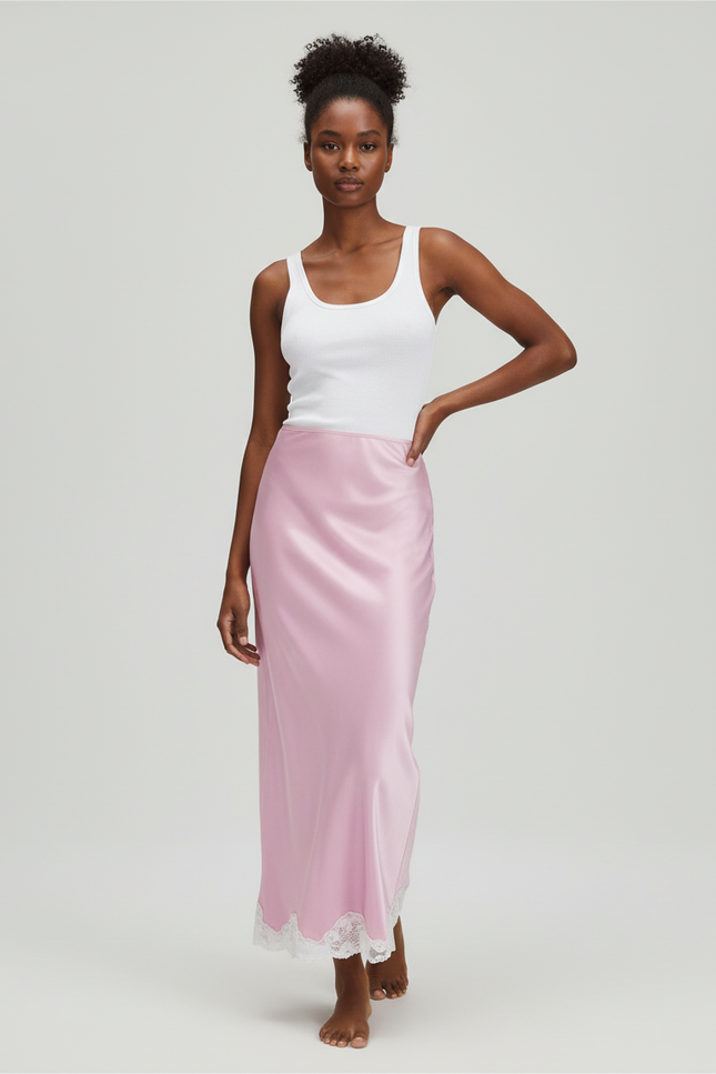Jupe Satin Rose Dentelle Élégante