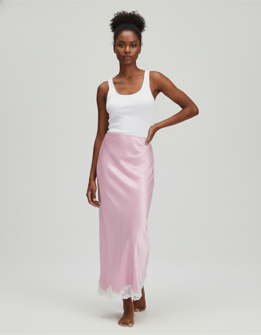 Jupe Satin Rose Dentelle Élégante