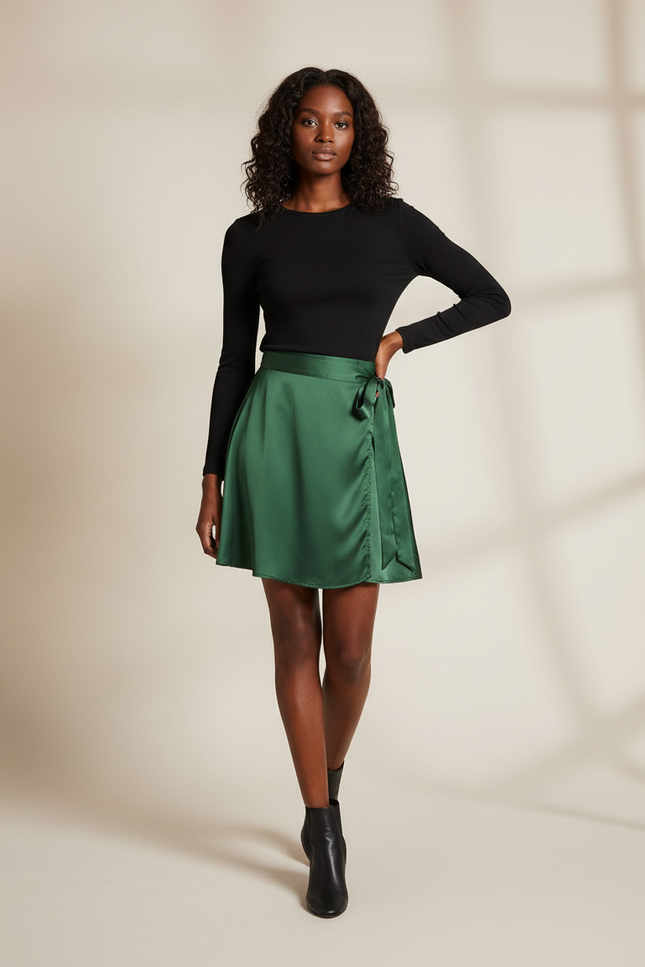 Jupe Satin Verte Portefeuille Fluide