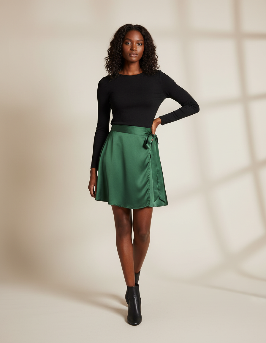 Jupe Satin Verte Portefeuille Fluide
