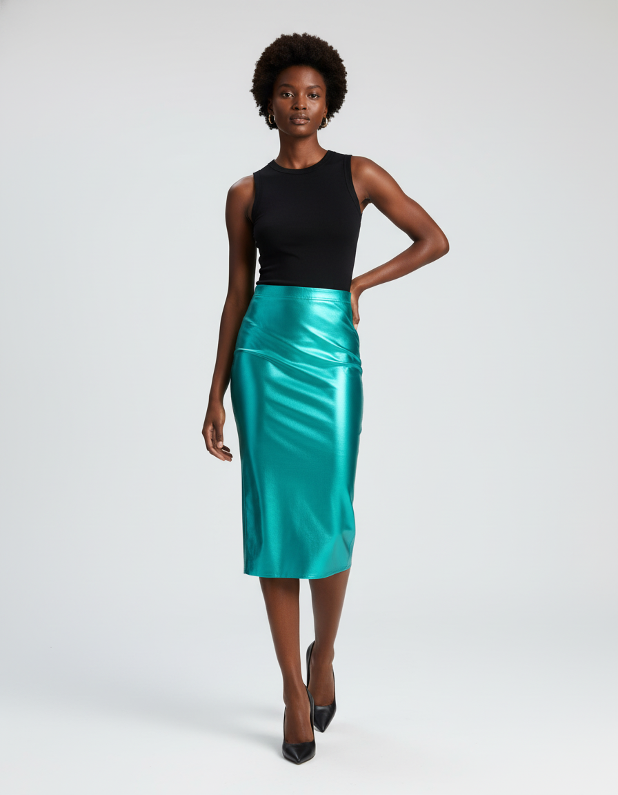 Jupe Satin Turquoise Brillante Élégante