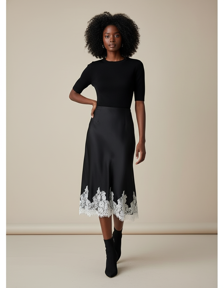 Jupe Satin Noire Dentelle Élégante