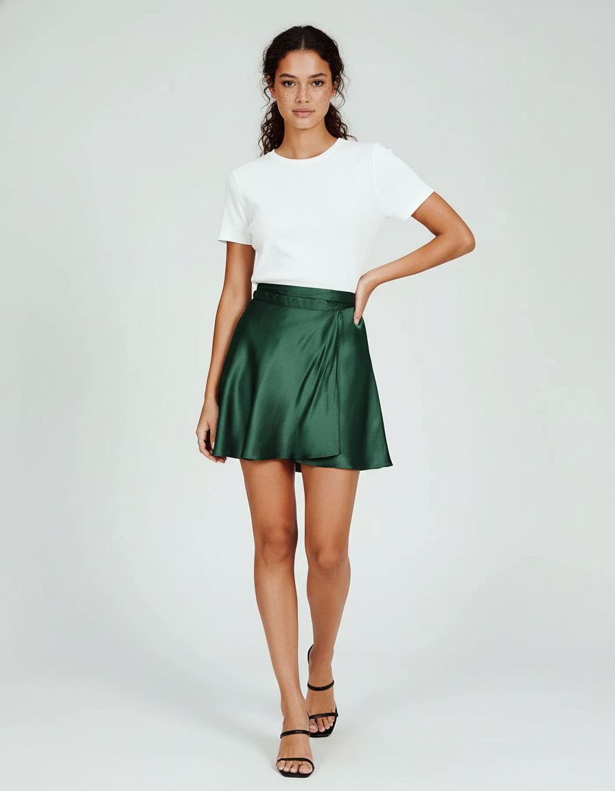 Jupe Satin Vert Émeraude Portefeuille Fluide