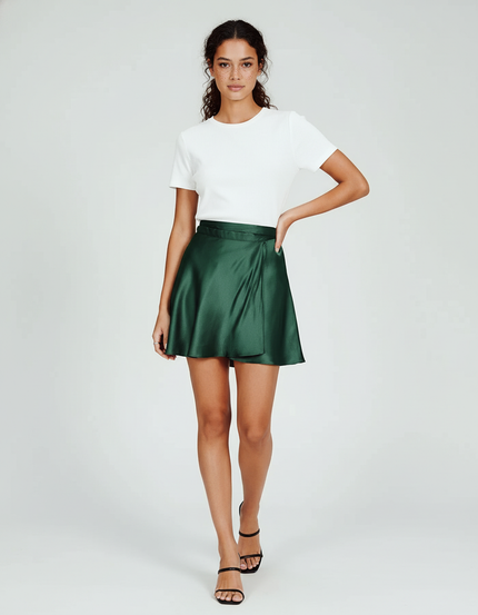 Jupe Satin Vert Émeraude Portefeuille Fluide