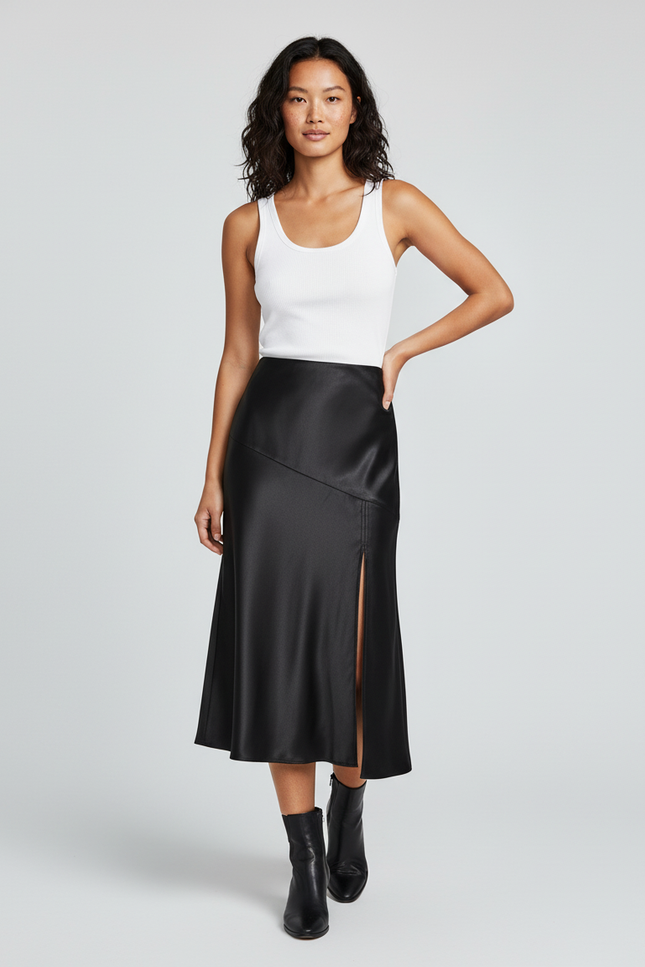 Jupe Satin Noire Fendue Élégante