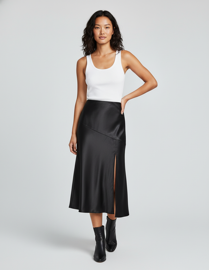 Jupe Satin Noire Fendue Élégante