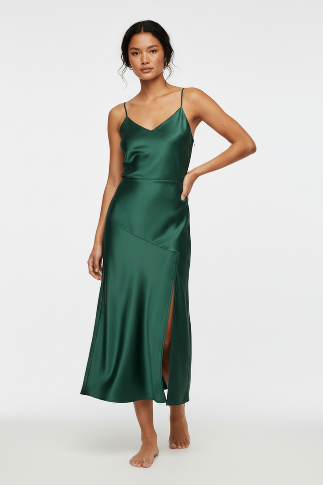 Jupe Satin Verte Fendue Élégante