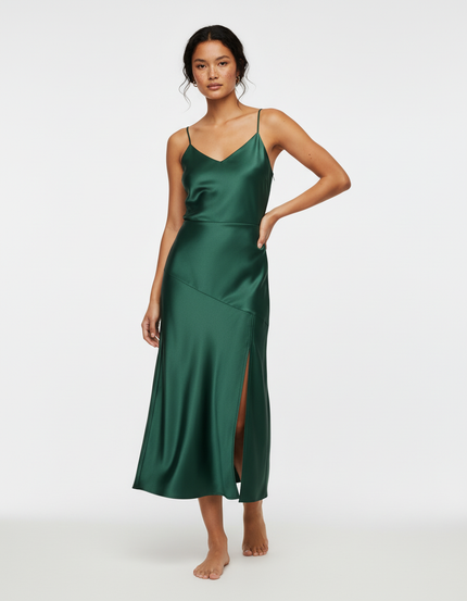Jupe Satin Verte Fendue Élégante