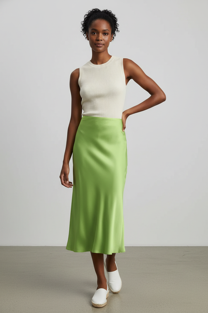 Jupe Satin Vert Midi Fluide