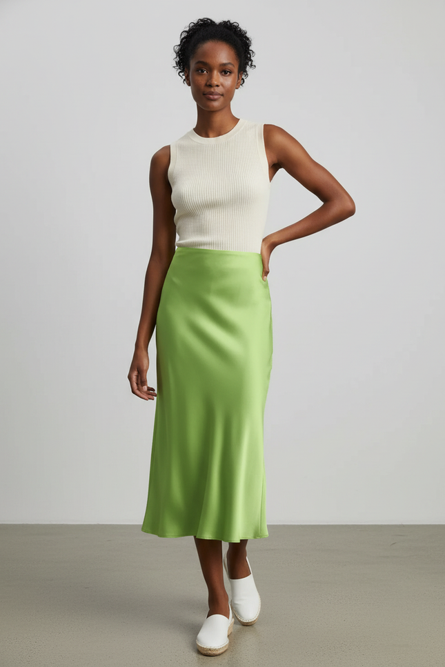 Jupe Satin Vert Midi Fluide