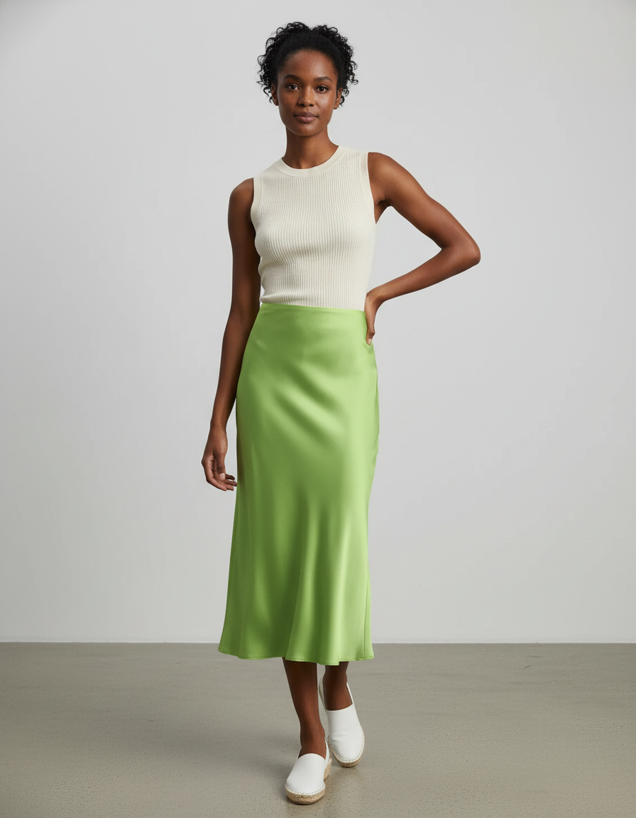 Jupe Satin Vert Midi Fluide