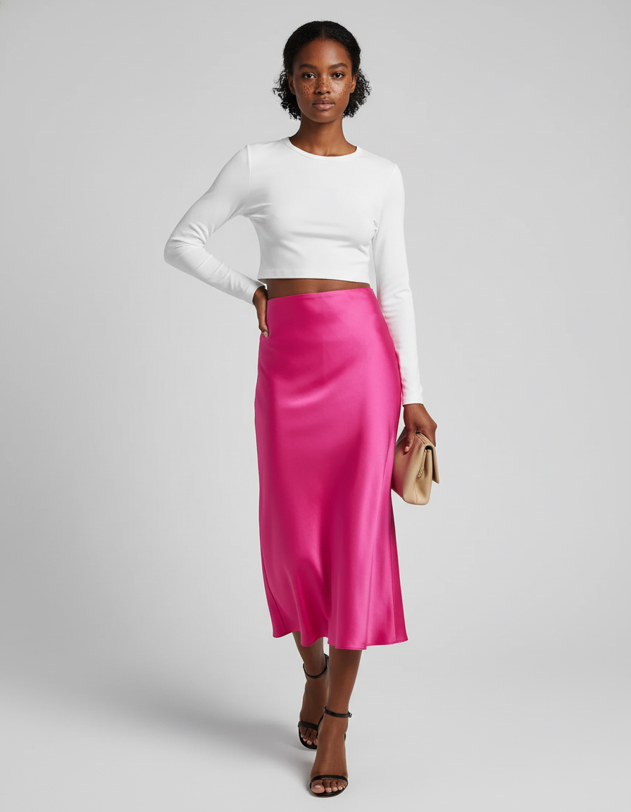 Jupe Satin Rose Fuchsia Fluide